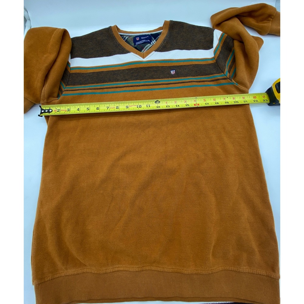 Gant Mens V-Neck Sweater 2XL Mustard Yellow Stripe Chest Logo Preppy Knit Jumper - Picture 7 of 12
